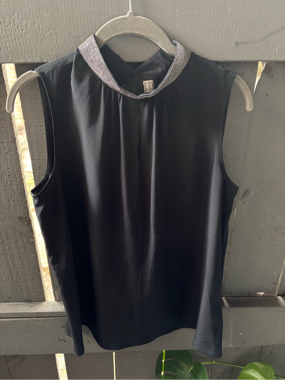 GO BY GO SILK Sleeveless Black Top with Shimmer Silver Collar